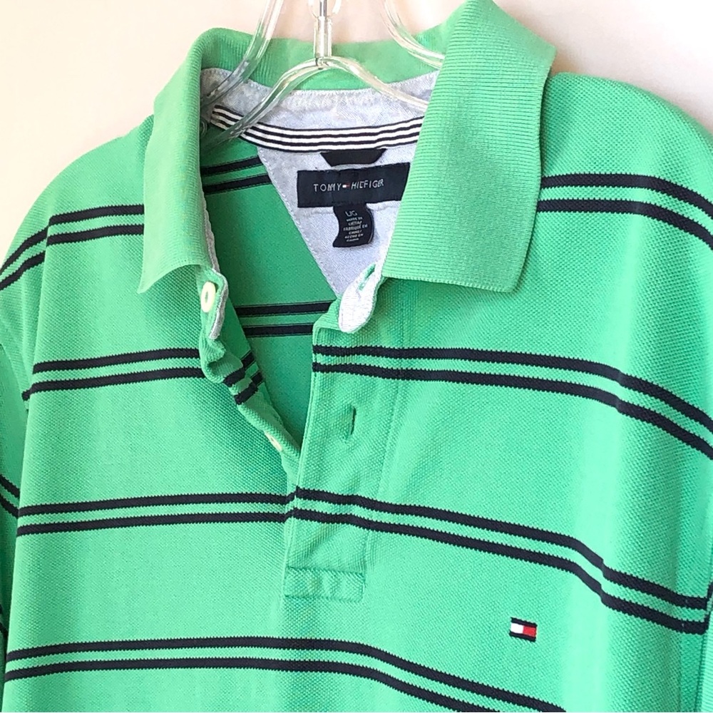 Tommy Hilfiger Men's Classic Fit Cotton Polo Shirt Collar Green Black Stripes Lg